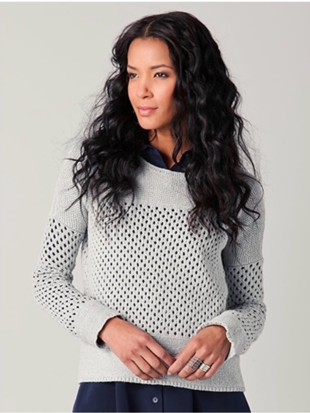 Theory Rickrack Stitch Open Cotton Light Gray Open-Knit Crewneck Sweater EUC M